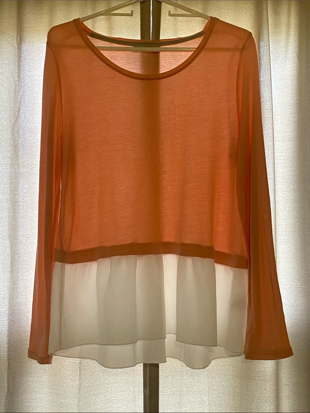 Hinge Sheer Layered Long-Sleeve Top in Coral and White